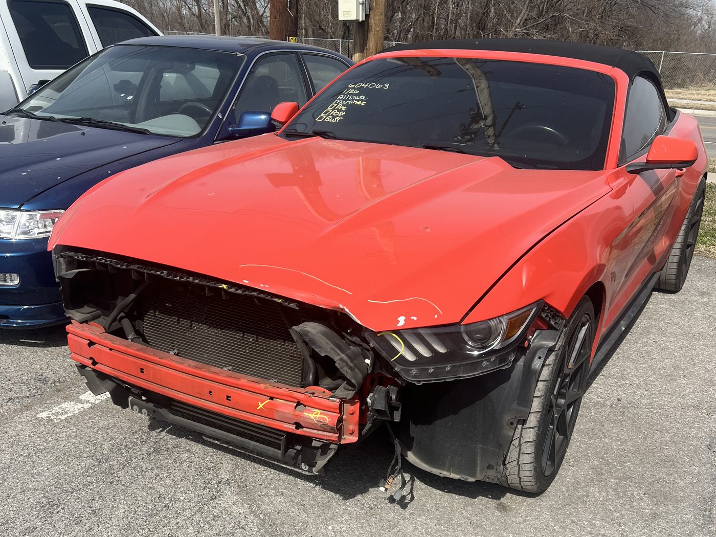 Before: Ford Mustang Convertible, front end rebuilt, bumper and headlights, at Daviel's in Tulsa